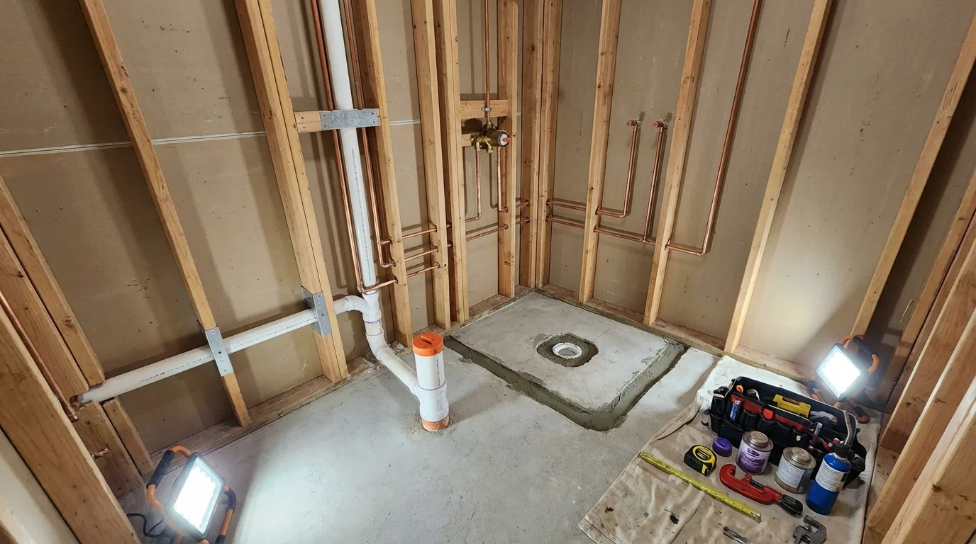 Bathroom rough-in plumbing during remodel by Johns Plumbing LLC in Goochland