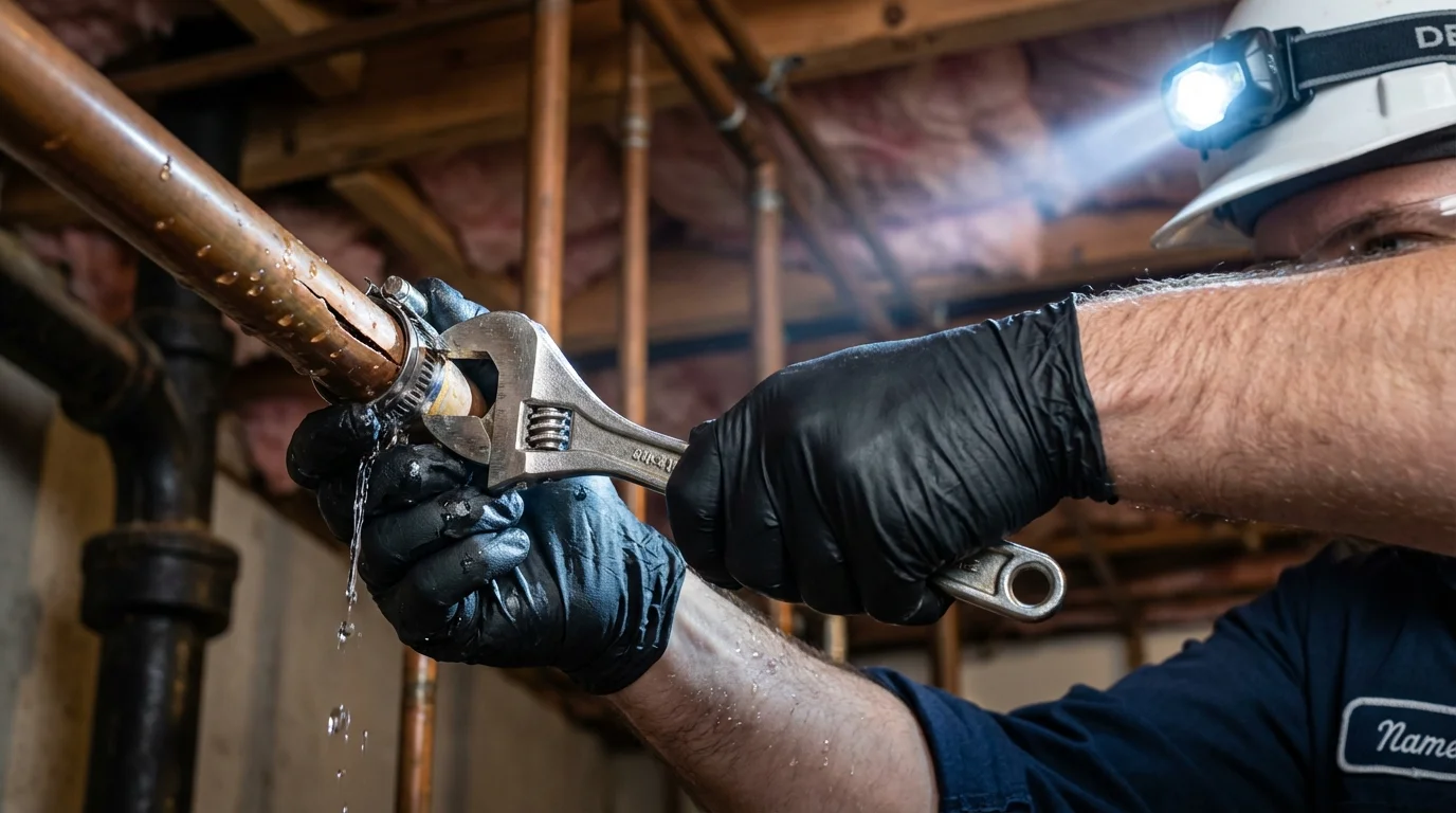 Emergency pipe clamp repair being performed by a Johns Plumbing LLC plumber in Goochland