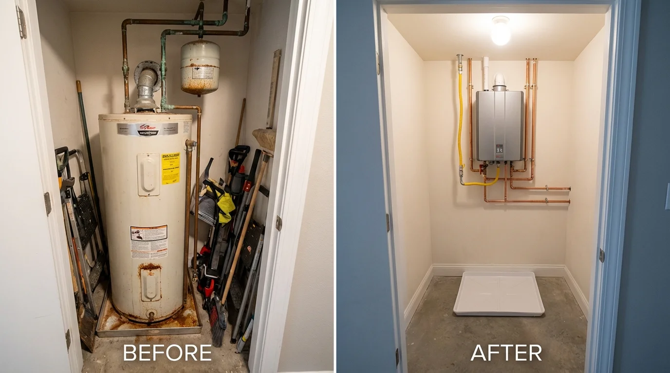 Tank water heater versus wall-mounted tankless unit comparison for Goochland, VA homeowners