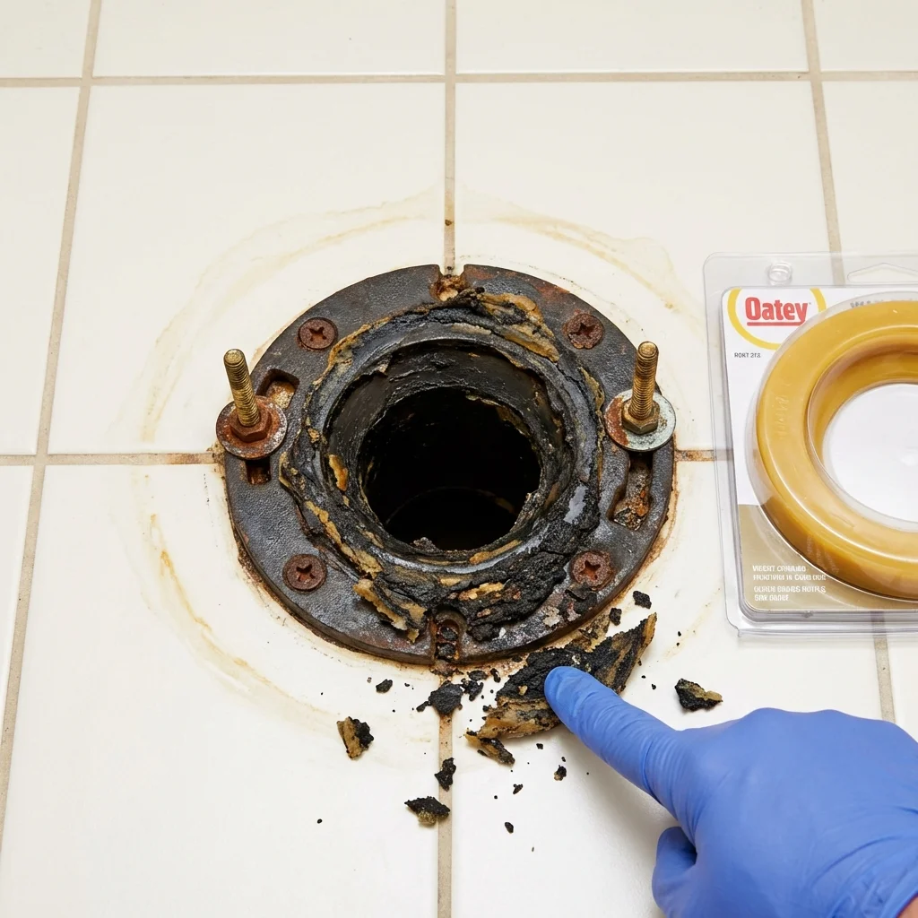 Failed wax ring showing water seepage at the base of a toilet in a Goochland, VA home