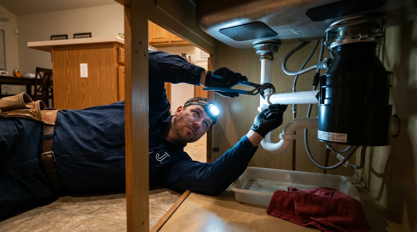 P-trap and supply line connections under a kitchen sink showing a common leak point in Goochland, VA